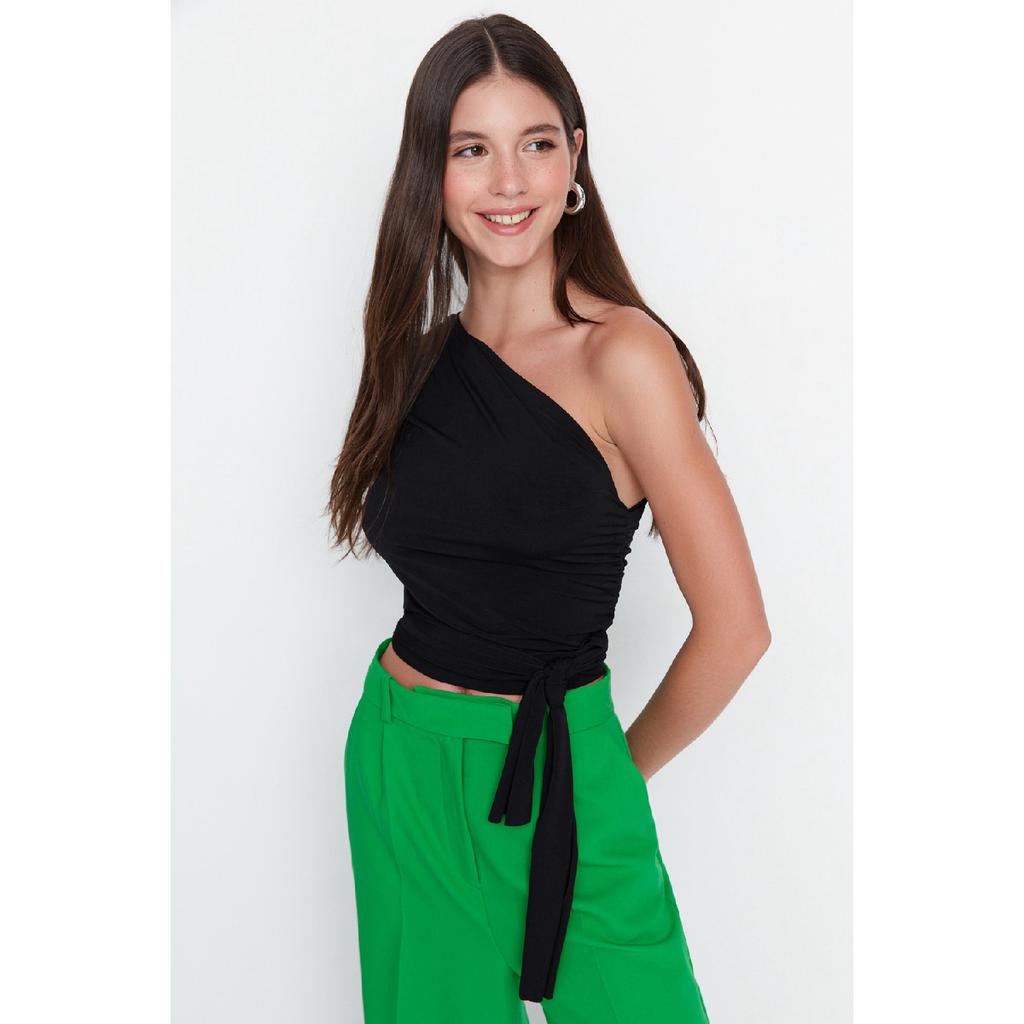 Claret Red Slim Tie Detailed Single Sleeve Crop Stretchy Knitted Blouse Twoaw23bz00094