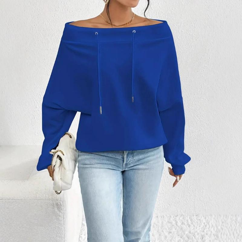 Women's Solid Off Shoulder Sweatshirt Drawstring Batwing Sleeve Top Spring Autumn Casual Streetwear