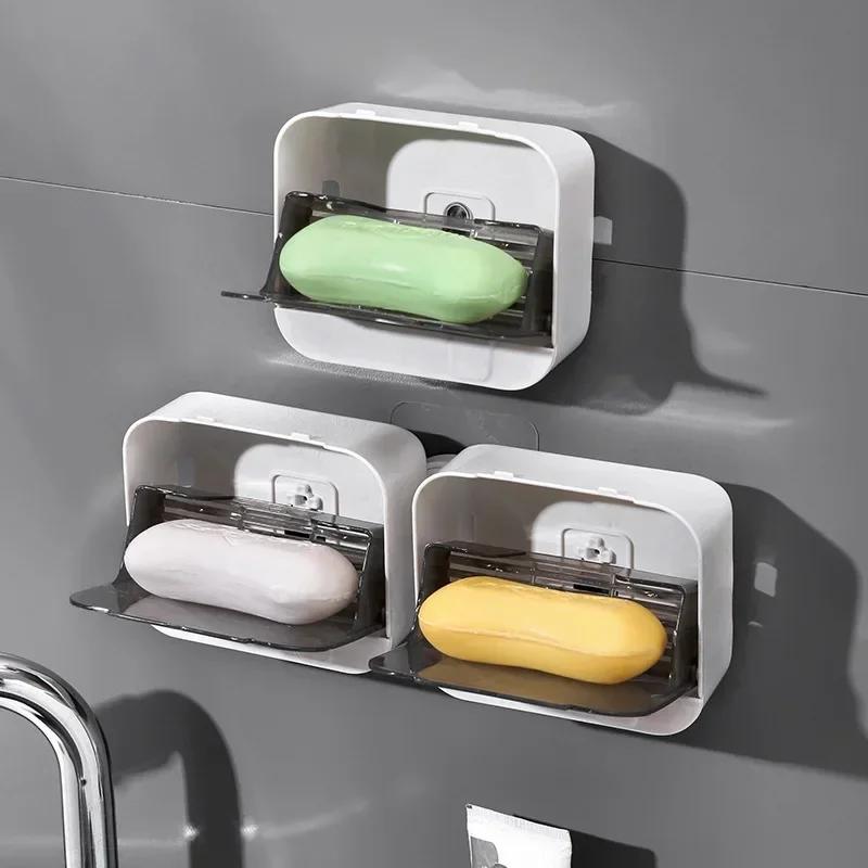 Bathroom Soap Holder Flip Lid Soap Storage Box Wall Mounted No Punch Soap Dish with Drain Storage Rack Soap Sheets Soap Saver