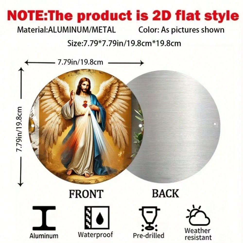 Classical Sacred Heart Angel Metal Wall Art Religious Aluminum Sign Gold Accents Home Office Decor