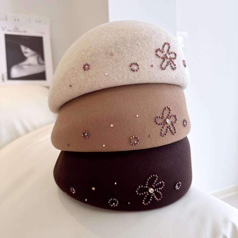 Japanese Hand-Sewn Flower Beret Women Autumn Winter Australian Wool Woolen Felt Hat Sweet Painter Hat Temperament Stewardess Hat