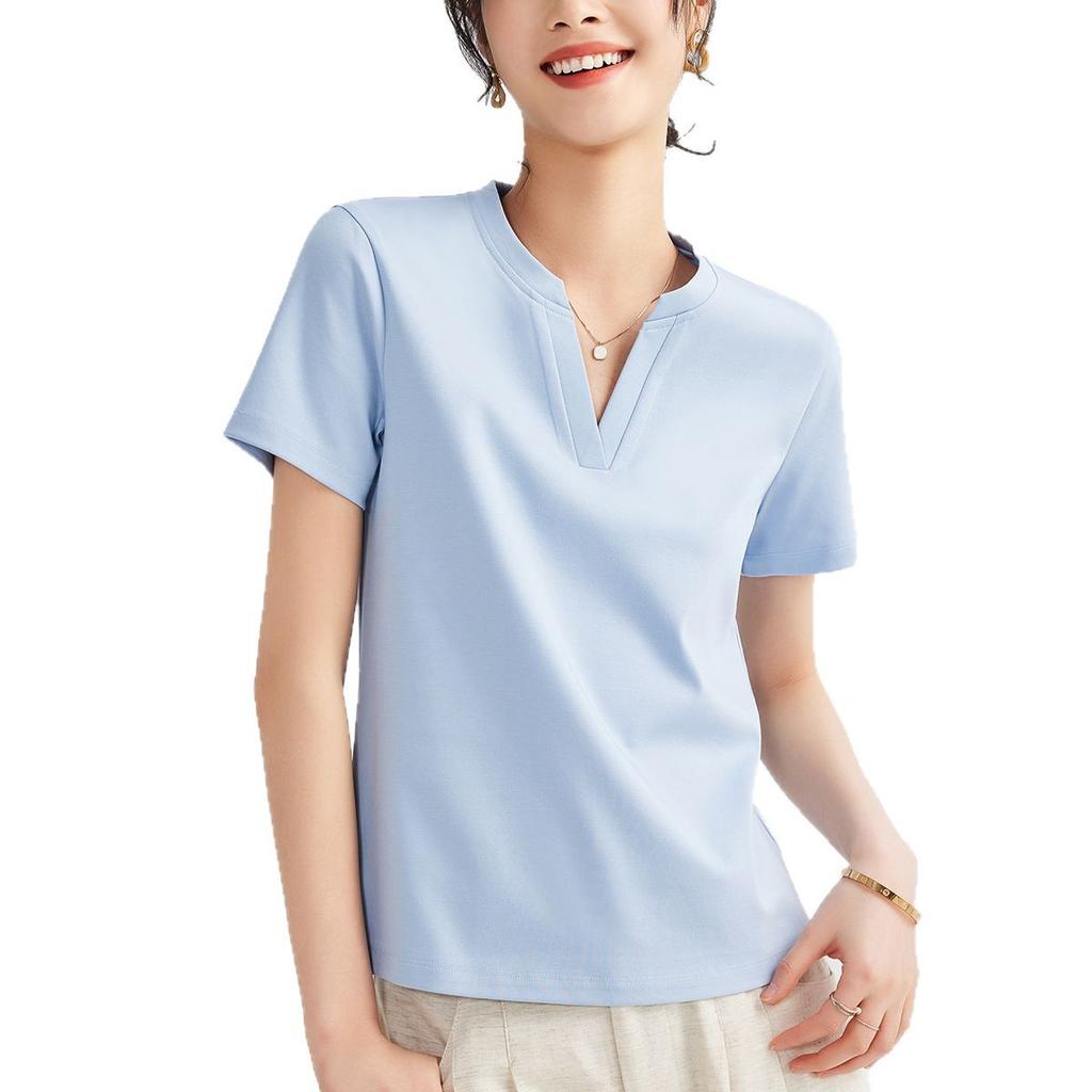 Women's Summer Design Sense Short Sleeved Shoulder Fitted V Neck Solid Color Top
