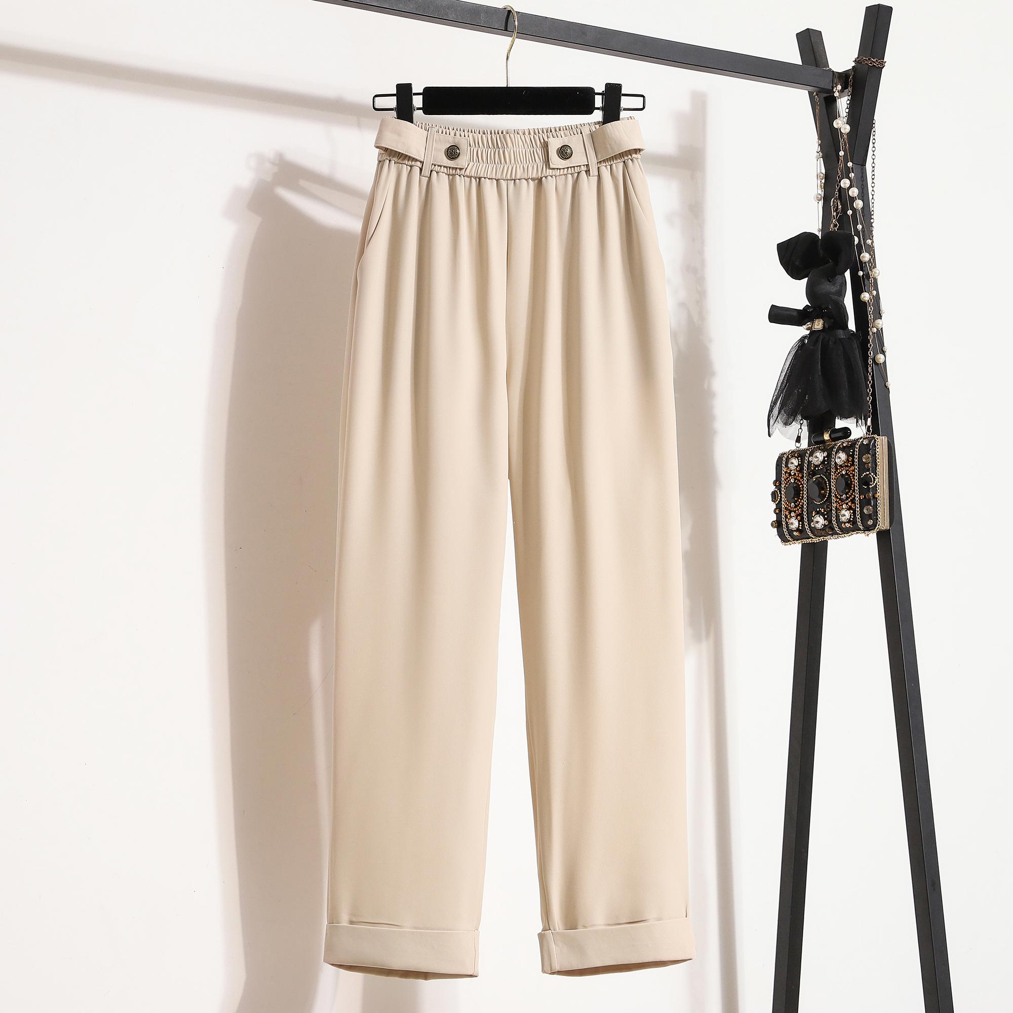 

DIMANAF 2024, весенние длинные брюки больших размеров, женские эластичные повседневные свободные шаровары на пуговицах с высокой талией, однотонные свободные базовые брюки, широкие брюки 5XL 2XL бежевый