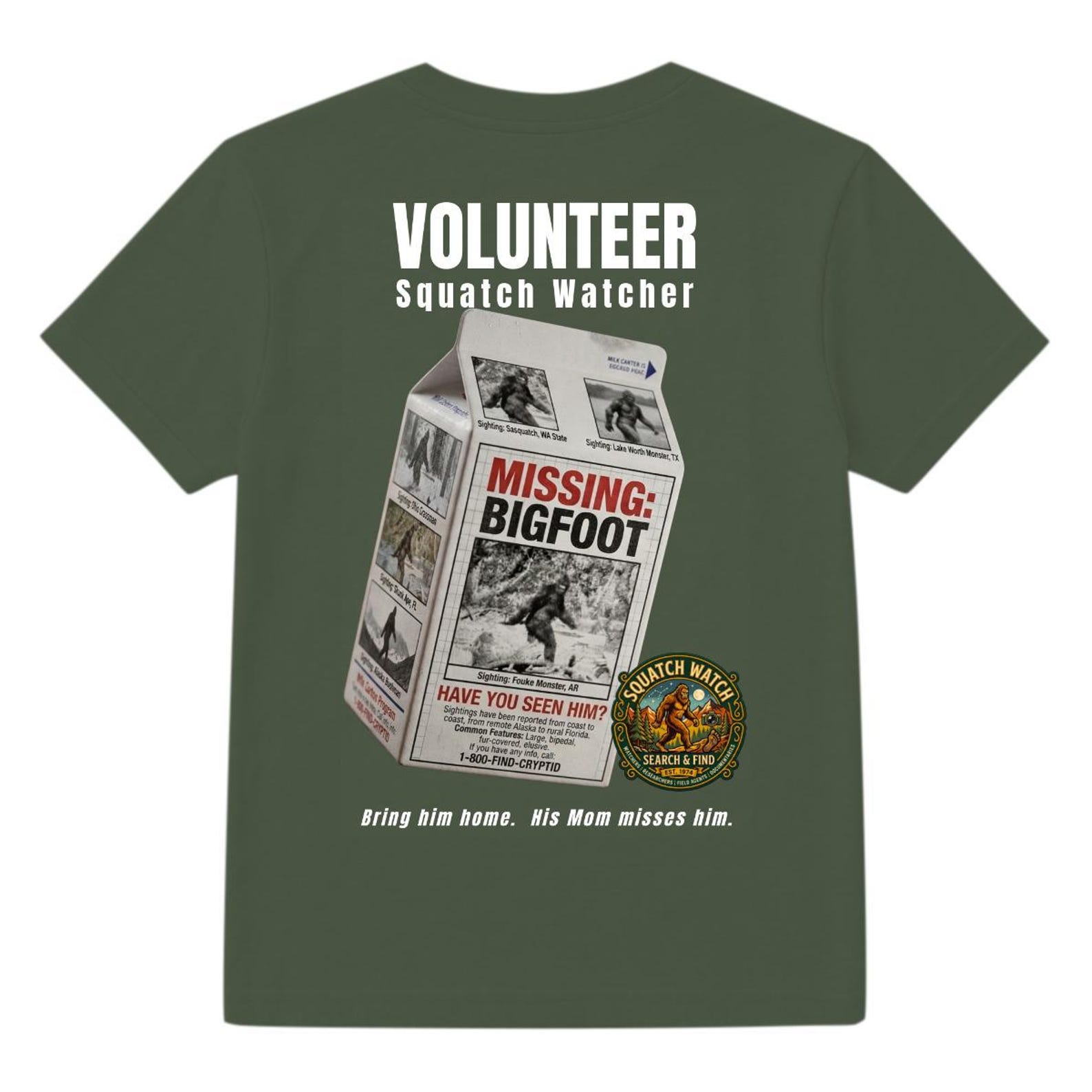 Volunteer Squatch Watcher Shirt – Missing Bigfoot Tee – Funny Sasquatch Search Shirt M