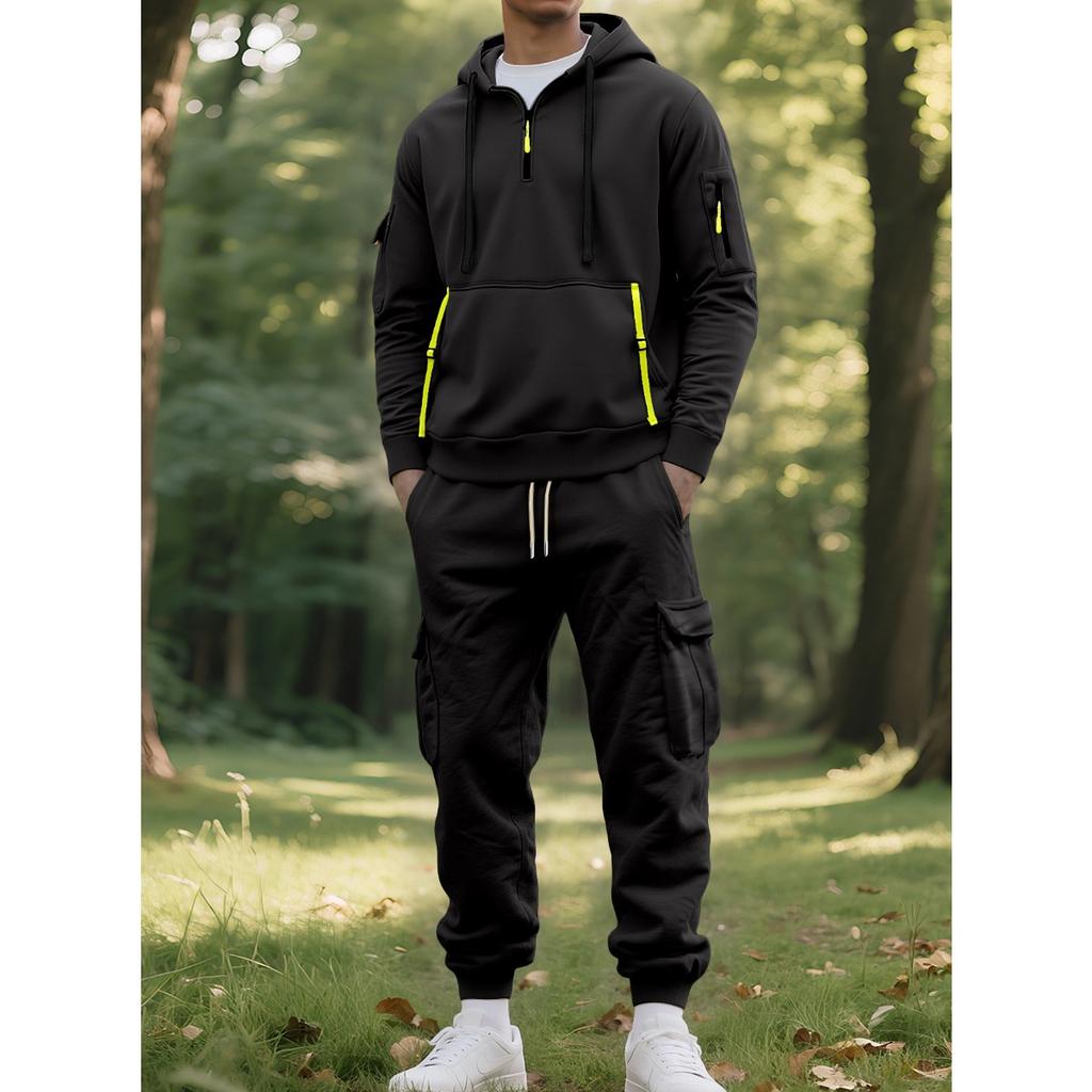 New, Autumn/Winter, Men's, Velvet Hoodie, Fashion, Hoodie, Zipper, Multi Pocket, Work Pants Set