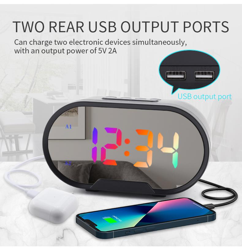 Desktop Mirror Led Alarm Clock Simple Led RGB Display Time with Stepless Volume Adjustment Mirror Clock for Deep Sleeper