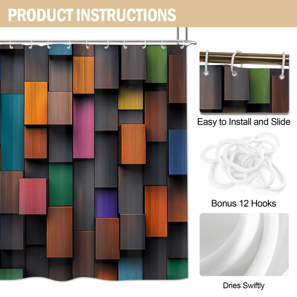 4Pcs Colorful Wood Grain Shower Curtain Set with Non-Slip Bath Mat, Toilet Lid Cover, Contour Rug & 12 Hooks, Bathroom Decor