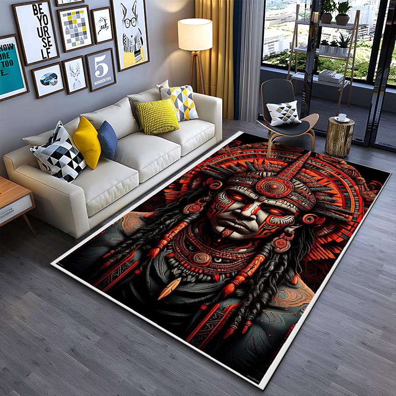 Area Rug, Aztec Mayan Warrior Face Tribal Tattoo Red Headdress Print, Living Room Decor, Non-Slip Mat