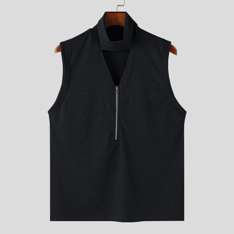 INCERUN Men High Neck Sleeveless Solid Vest Zipper Knitted Tank Tops