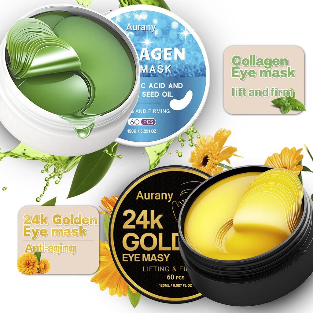 24K Gold Eye Mask & Green Collagen Gel Under Eye Mask, Hyaluronic Acid Eye Patches For Dark Circles, Fine Lines, Puffiness, Lift and Firm-60 Pcs