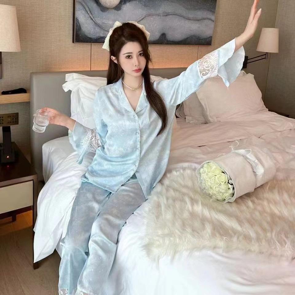 1011 Spring and Summer New Pajamas Women's Long-sleeved Trousers Home Suit Fairy Wind Lace French Ice Silk Home Suit