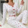 GMXIA Homewear Rolled Edge V-neck Long-sleeved Pajamas Women Can Be Worn Outside Trousers Two-piece Set
