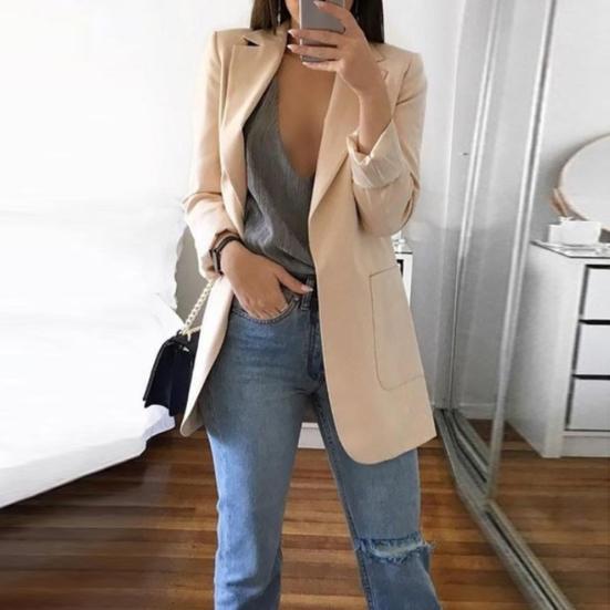 Fashion Women Solid Color Open Front Pockets Jacket Coat Long Office Blazer