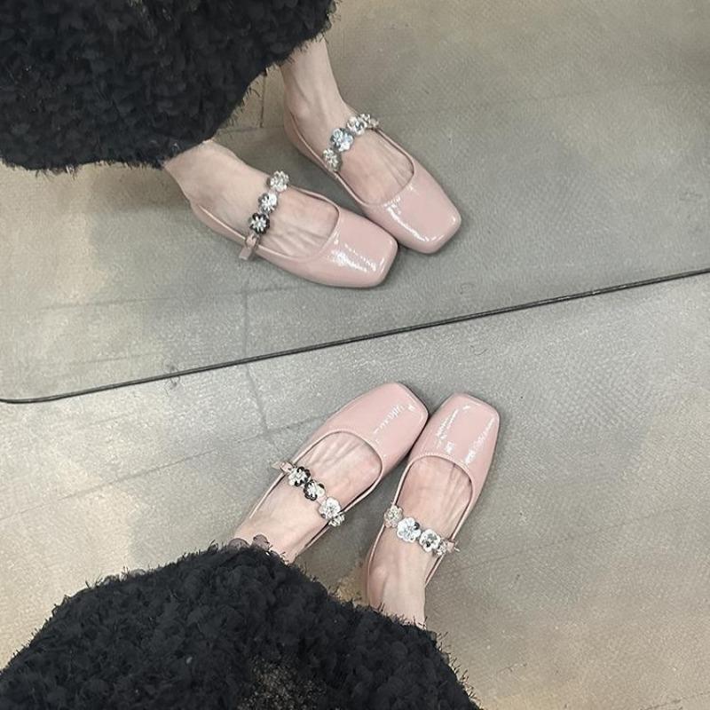 Niche square head sequined buckle Mary Jane shoes women's new silver with skirt flat shoes
