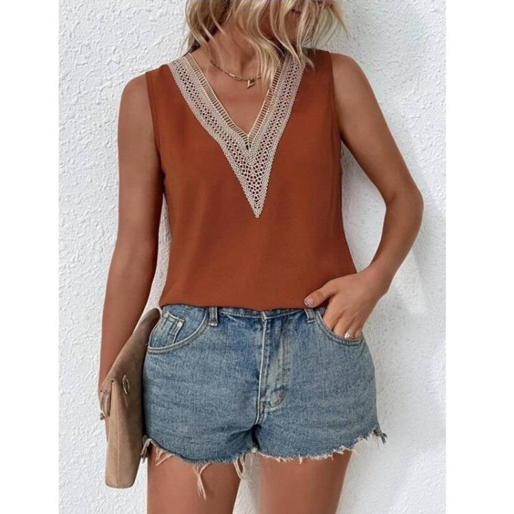 Damen Einfaches Ärmelloses V-Ausschnitt Sommerhemd mit Spitzennähten Neu