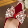 Fashion Red Bling Big Crystal Pumps Women Bowtie Flock Thin Heeled Wedding Party Shoes Woman Shiny Rhinestones High Heels Shoes