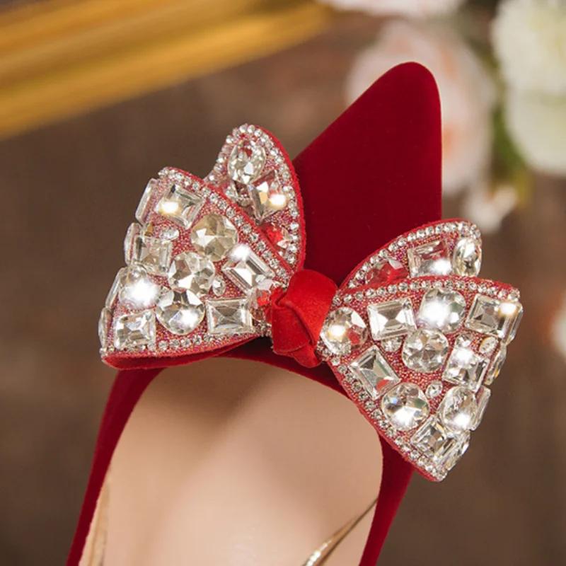 Fashion Red Bling Big Crystal Pumps Women Bowtie Flock Thin Heeled Wedding Party Shoes Woman Shiny Rhinestones High Heels Shoes