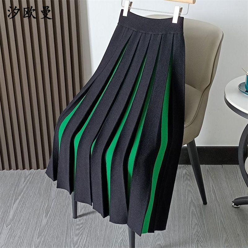 Colorblock Elastic Waist Womens Skirts Contrast Color Skirts Solid Streetwear A Line Midi Skirt