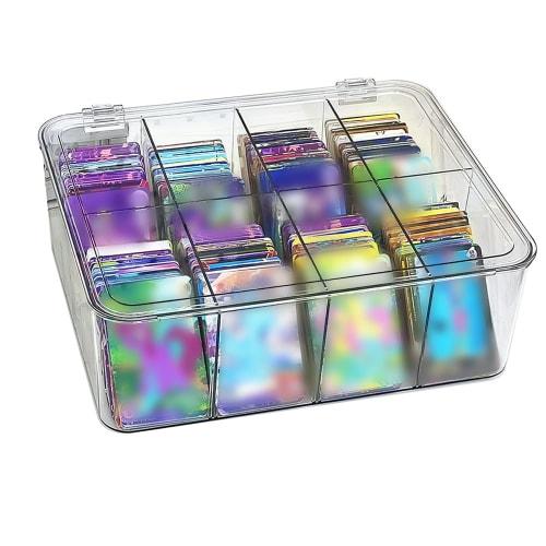 Large-capacity clear trading card case with 8 compartments, customizable and stain-resistant