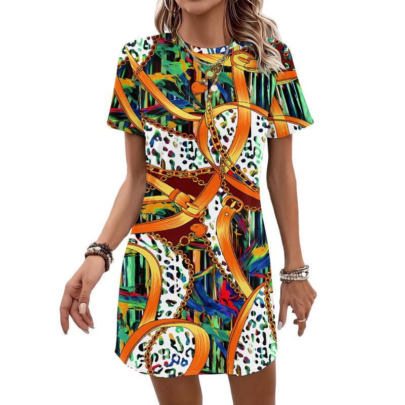 Europe, America 2026 summer new printing abstract pattern color chain design short-sleeved dress
