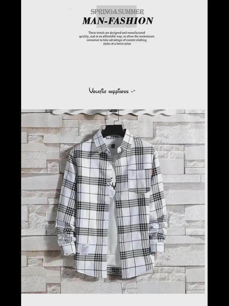 Męska koszula casual w stylu hongkońskim, w japońską kratę, modna, koreańska, z długim rękawem - Kolekcja wiosenno-jesienna