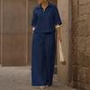 Women's Loose Two Piece Matching Suit Three Quarter Sleeve Polo Collar Blouse High Waist Wide Leg Pant Set
