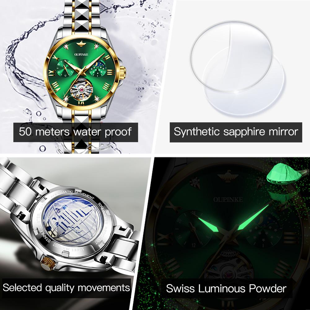 OUPINKE Waterproof Moon Phase Tourbillon Automatic Mechanical Watch Women's Watch Women's Watch