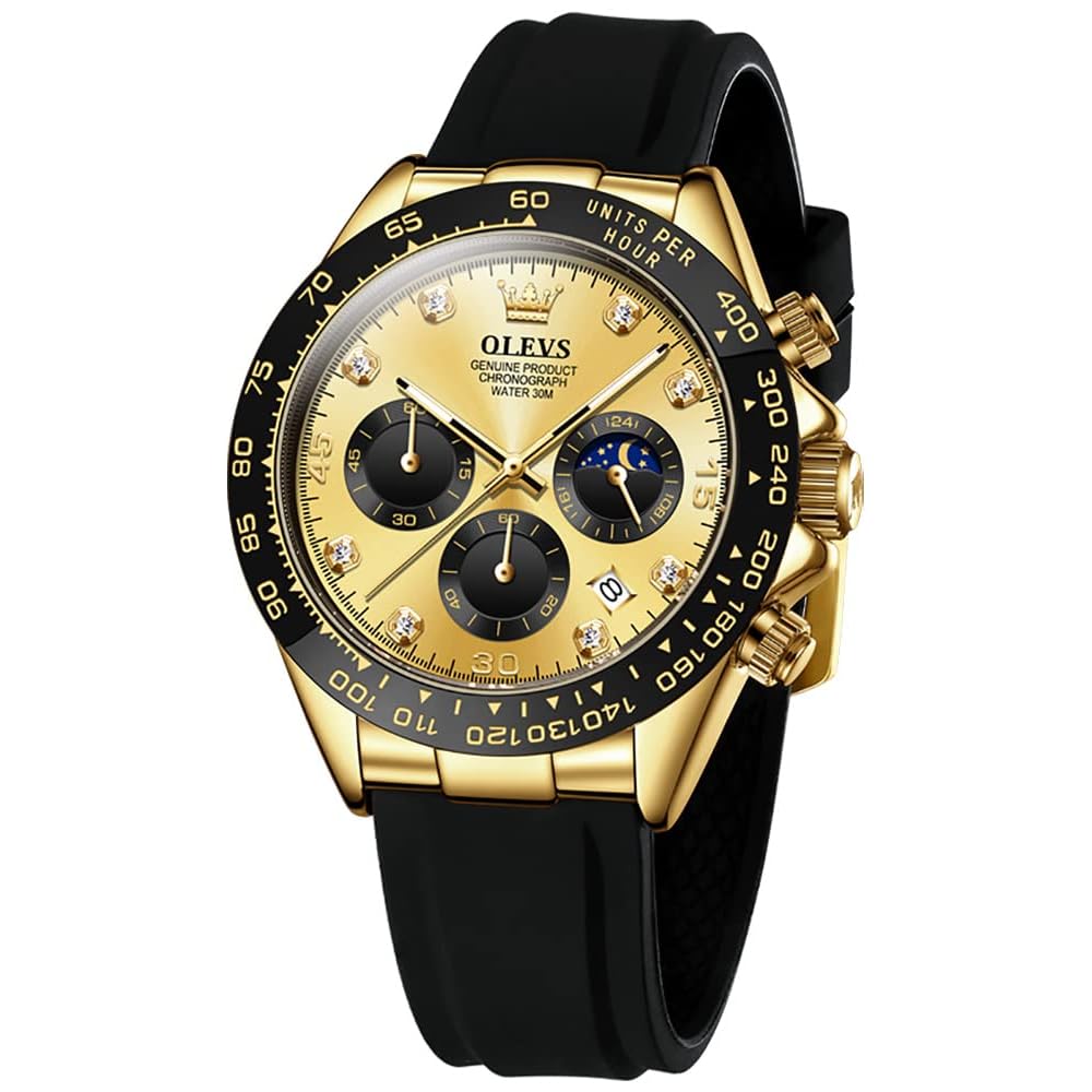 OLEVS Stylish Men s Watch Business Date Waterproof Quartz Gold Analog Chronograph Silicone Strap