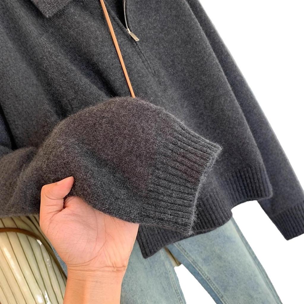 Pulover tricotat cu guler polo și jumătate de fermoar pentru femei, Toamnă/Iarnă 2025, Top cu rever mic.