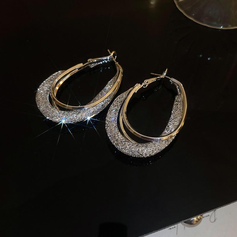 Silver needle oval metal mesh hoop earrings - high-end, stylish, and elegant