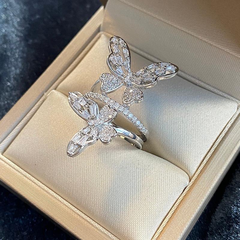 1PC Environmentally Friendly Double Hollow Butterfly Zircon Inlaid Opening Fashionable Super Fairy Design High-end Exquisite New Index Finger Ring