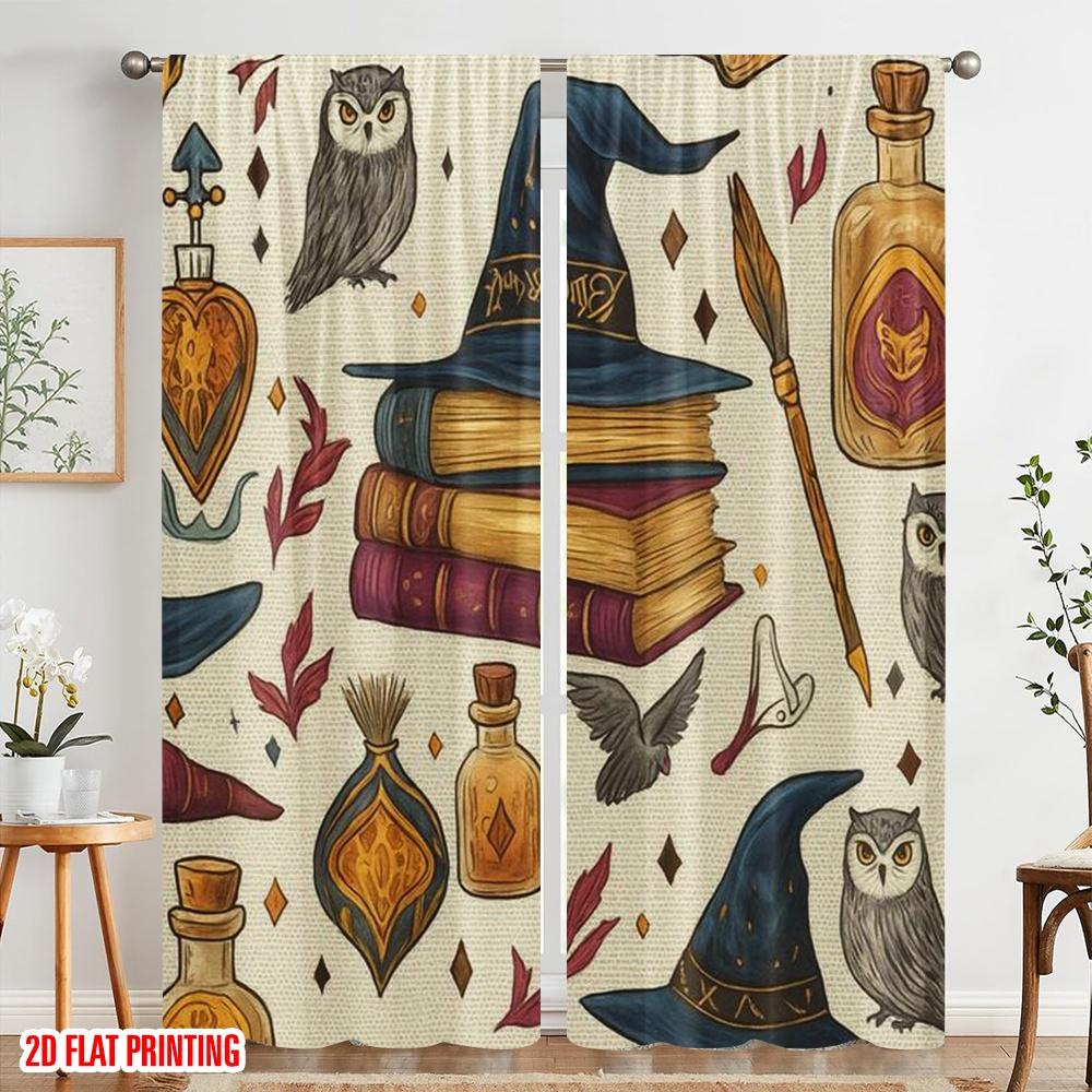 2pcs,2D plane printing Window Curtain Wizards Compendium Versatile Polyester Fabric (without rod) All Seasons Ldeal for Living