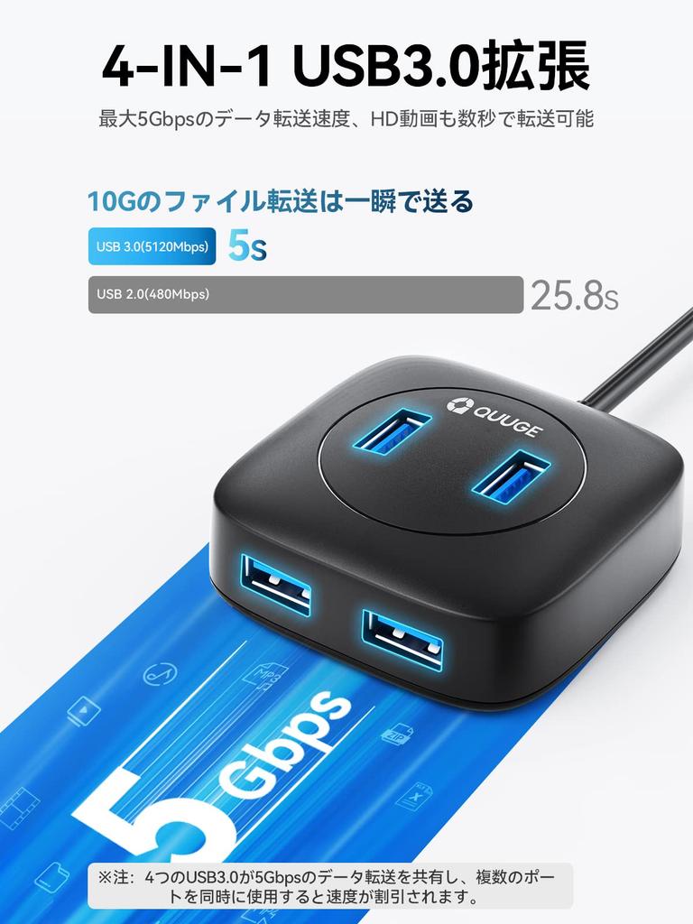 QUUGE USB USB Square 5Gbps 4 USB Expansion Top and Side Bus Compact and Compatible with Mac and Ideal for Telework and Working from 50cm Hub, 3.0