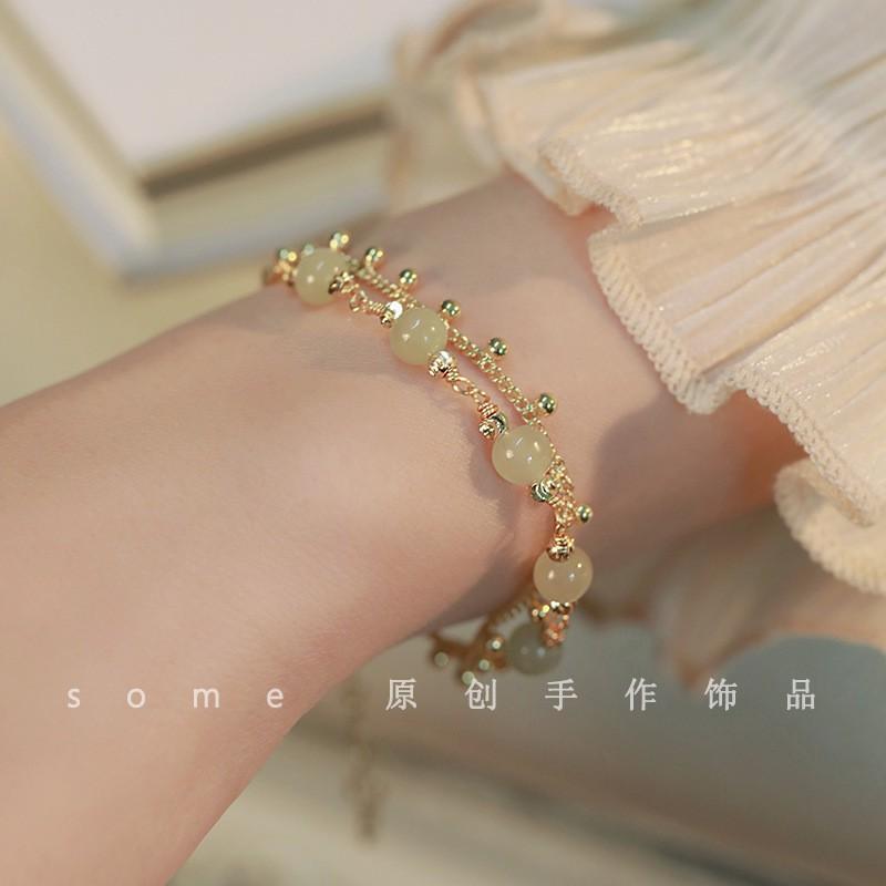 Natural Hetian Jade Bracelet Women Delicate Floral Design Minimalist Boho Style Adjustable Length 13.5-18cm Bracelet Style Average Size 13.518 cm