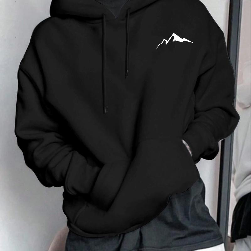 Men's Autumn and Winter Casual Fashion Loose Mountain Graphic Print Long Sleeved Hooded Sweatshirt Warm Pullover