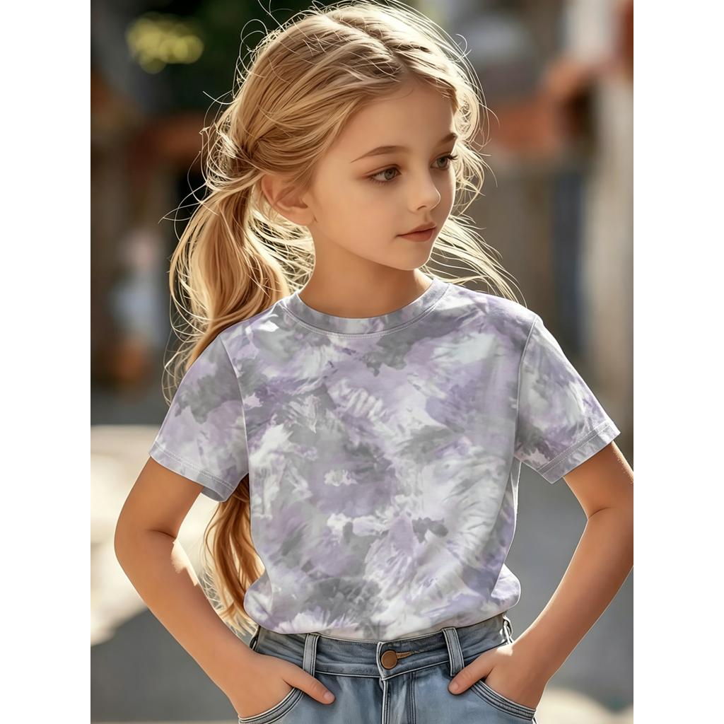 Girls Abstract Tie Dye Swirl Graphic Crew Neck Short Sleeve Tee Lightweight Breathable Outdoor Travel Daily Casual Summer Top