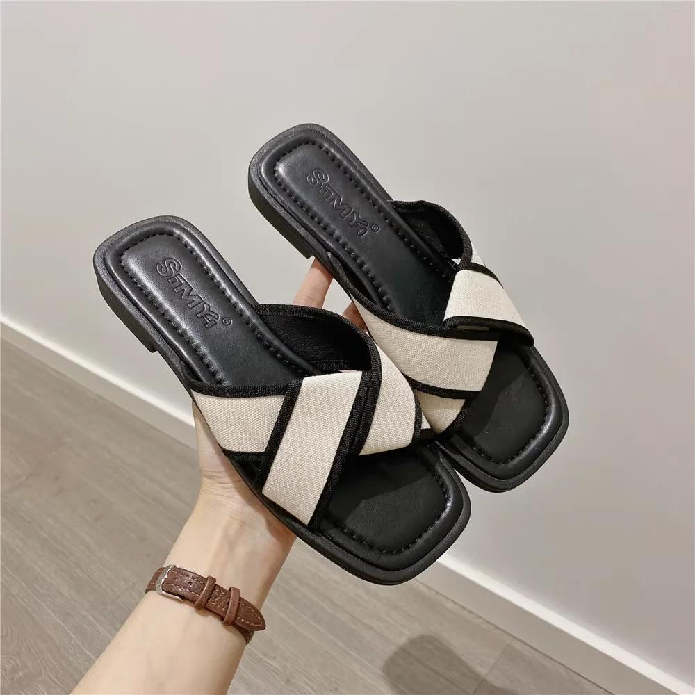 Fashion Women's Slippers and Ladies Sandals Open Toe Low Heel Outside on Beach House Black Indoor Home Slides Shoes Off White Word Flat