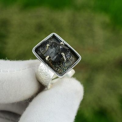 Natürlicher Moldavit Quarz Edelstein Stapelbarer Verstellbarer Ring 925 Silber Für Frauen