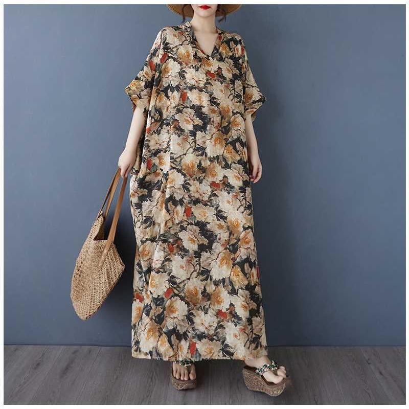 Women's Vintage Long Dress with Cotton and Linen Patterns