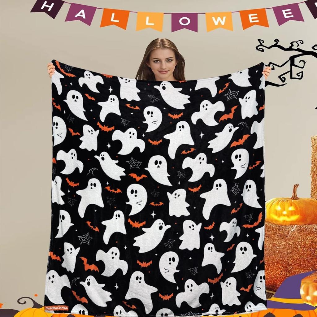 1PC Halloween Theme Throw Blanket Cute Ghost Orange bats Thin Blanket Gifts for Couch Bed Car Home Camping all season use
