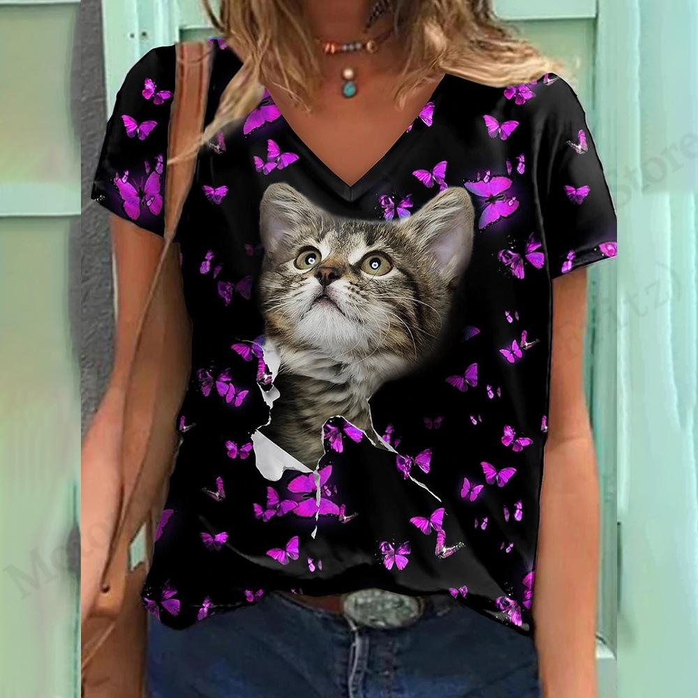 Summer V-neck 3D Cat Pattern Printed Top Fashionable Casual Short Sleeved Women's T-shirts