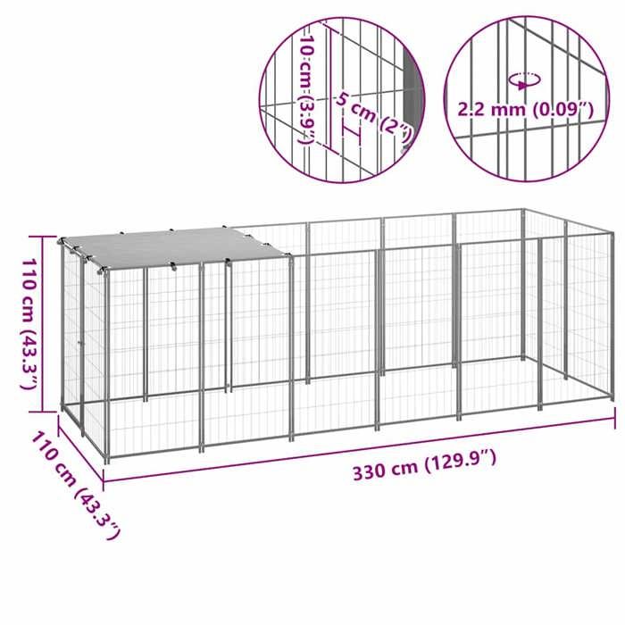 VidaXL Chenil Argenté 330x110x110 cm Acier Cage pour Chien Chiots Extérieur 150786