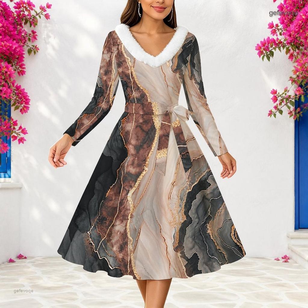 Women Plus Size V Neck Faux Fur Trim Long Sleeve Blue Green Abstract Print Belted Midi Dress