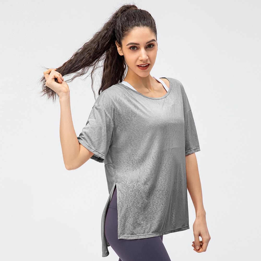 Women's Sports Cover-up Light Breathable Tops Running Loose Short Sleeve Slit Quick-drying Yoga T Shirts