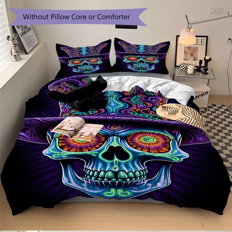 3pcs Psychedelic Skull Duvet Cover Set, Cover For Bedroom Guest Room (1 Duvet Cover + 2 Pillowcase, Without Quilt), yy250922114