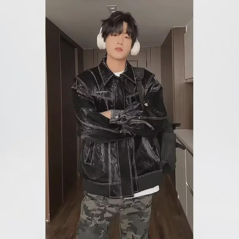 

Унисекс винтажная красная кожаная куртка: Свободный, повседневный осенний ретро-стиль 2XL чёрный