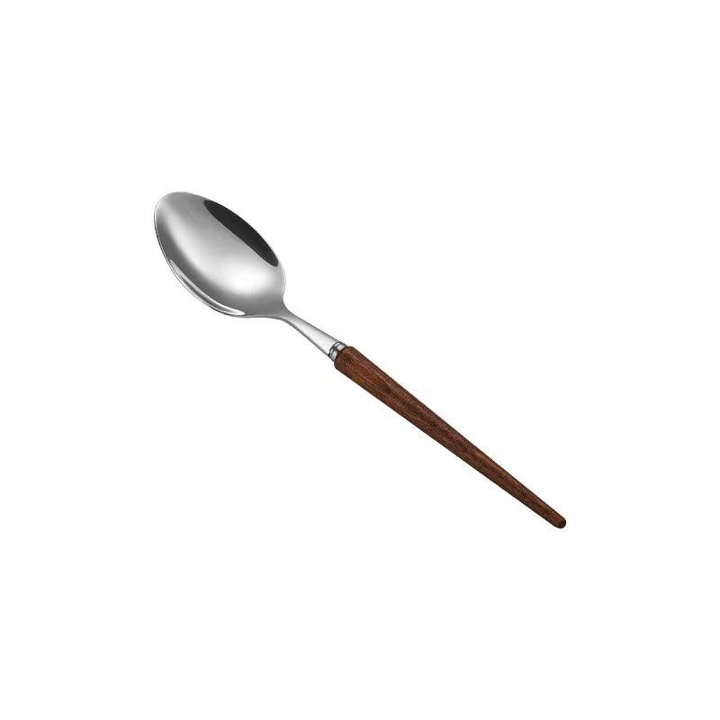 4-Piece High-End Stainless Steel Cutlery Set with Wooden Handles: Includes Knife, Fork, Spoon, and Teaspoon for Western Cuisine.