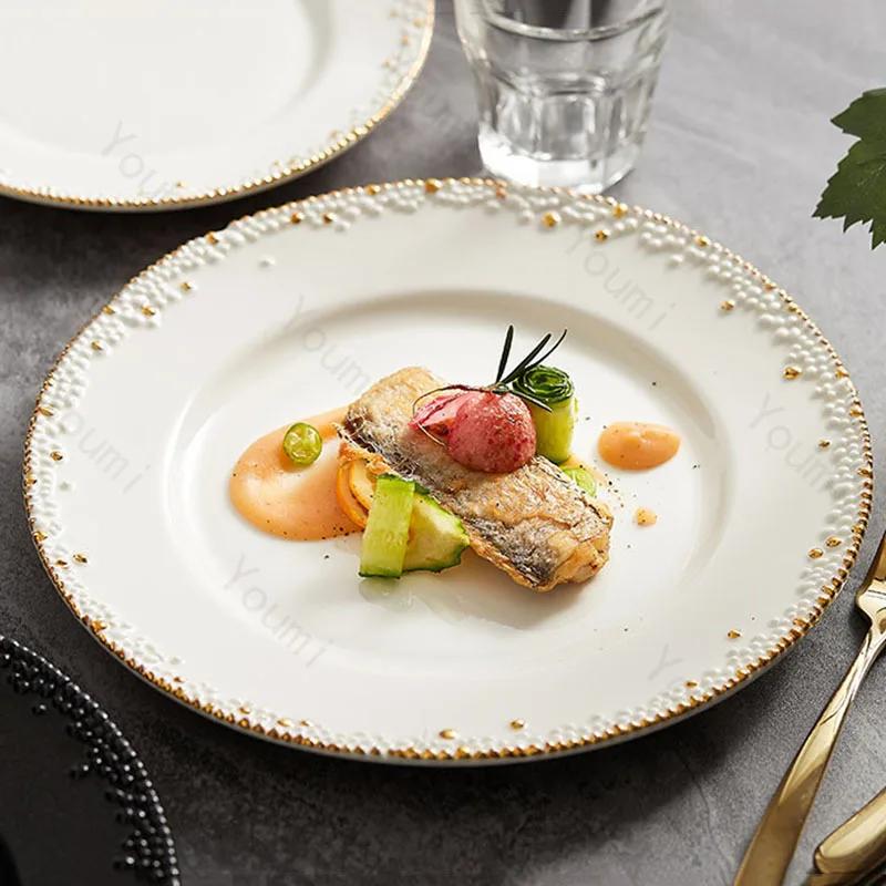 Golden Edged Ceramic Plate Creative Circular Steak Pasta Plate Delicious Dishes Dining Plates Exquisite Household Tableware