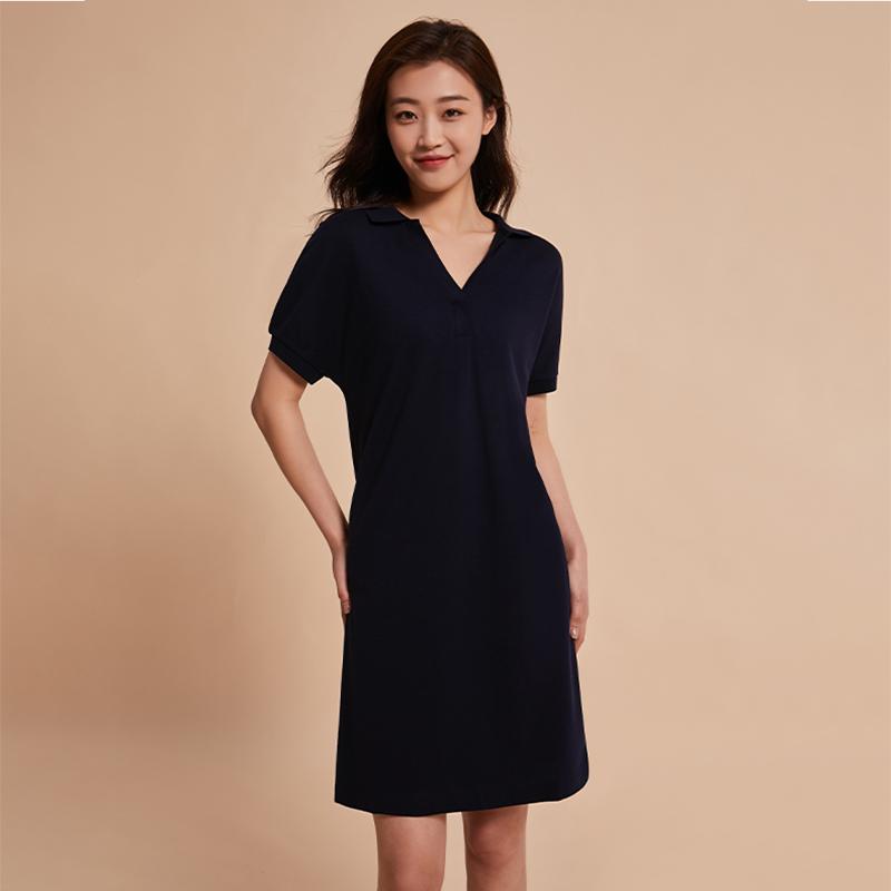 Tommy Hilfiger Solid Color Embroidered Logo V-Neck Loose Fit Short Sleeve Dress Women Dresses Navy-Blue WW0WW38639DW5