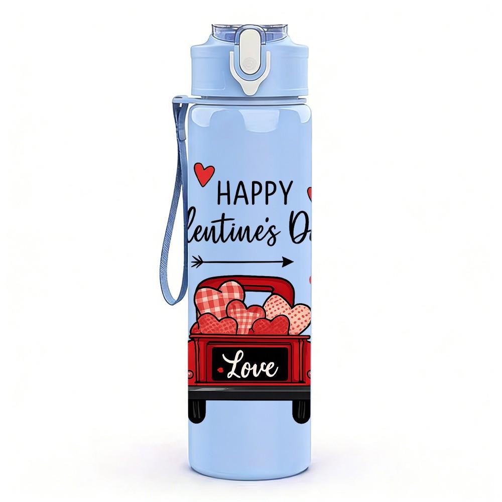 1PC Happy Valentines Day Red Truck Pattern 750ml Color Plastic Sports Water Bottle Leakproof Flip Straw Lid Suitable for Sports Office Home Use